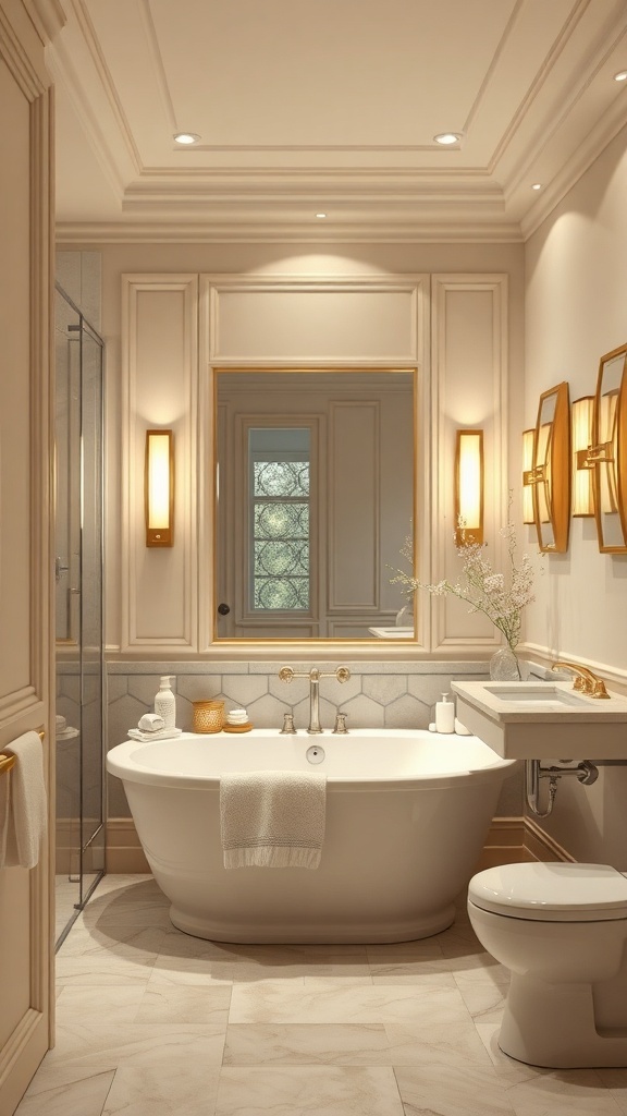 A master bath featuring subtle creamy beige walls, elegant fixtures, and a bright, inviting atmosphere.