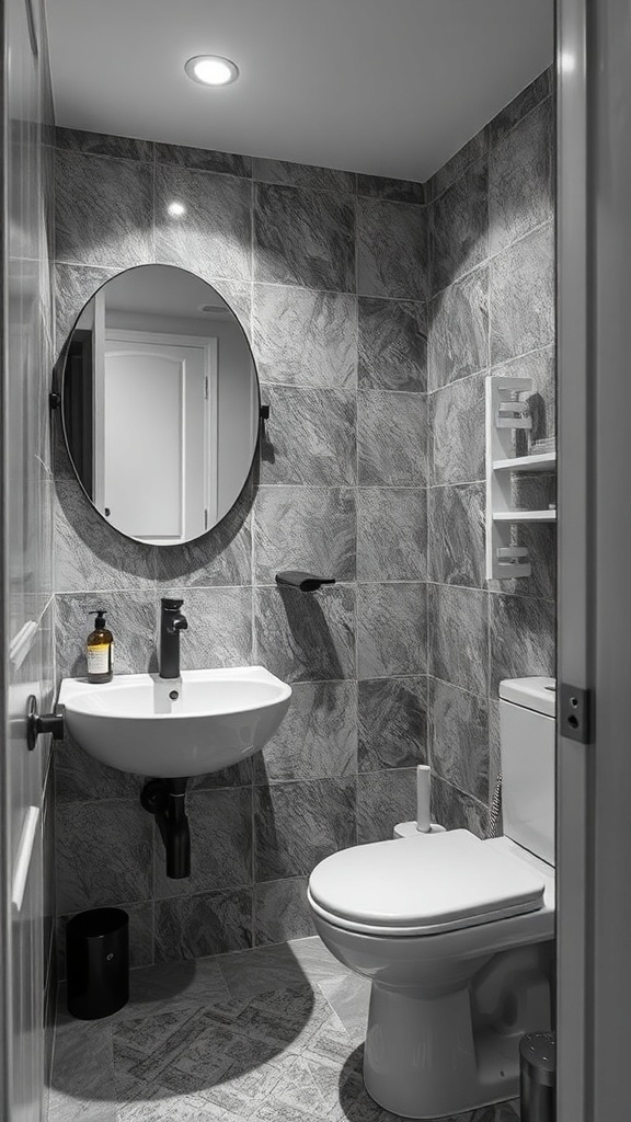 Small bathroom with gray textured tiles, round mirror, and modern fixtures