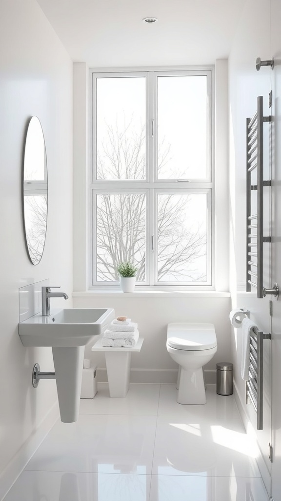 A bright, modern small bathroom with white walls, large windows, and a minimalist design.