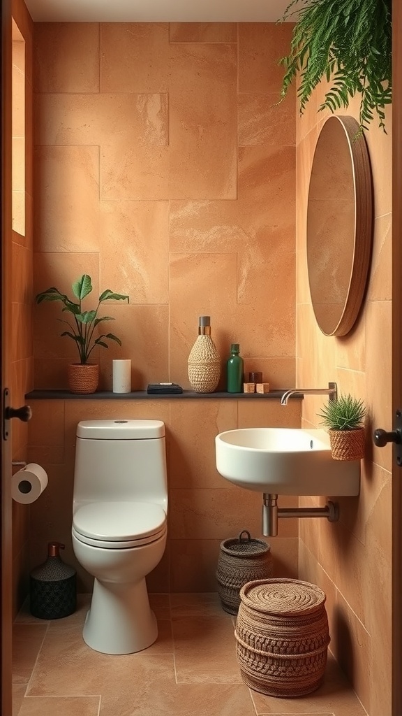 A small bathroom featuring earthy tones with terracotta tiles, a modern sink, and green plants.