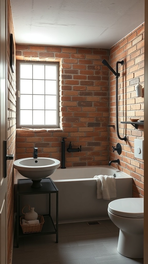 A stylish industrial chic basement bathroom featuring exposed brick walls, a modern bathtub, and black fixtures.