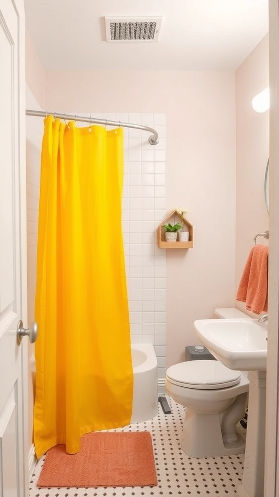 A bright yellow shower curtain in a bathroom with pink walls and a simple decor.