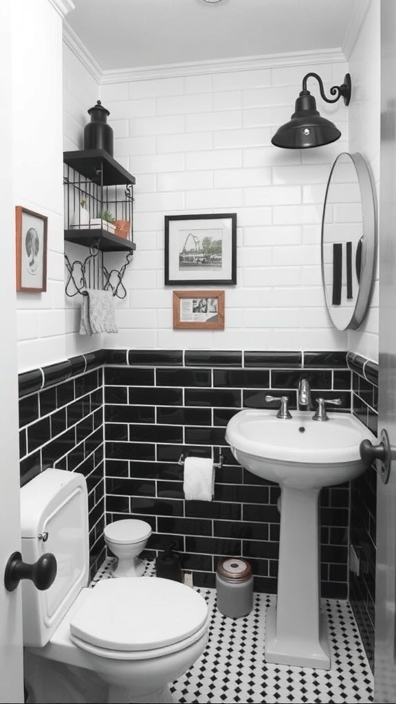 A small bathroom with a classic black and white color scheme featuring black tiles, white fixtures, and decorative elements.