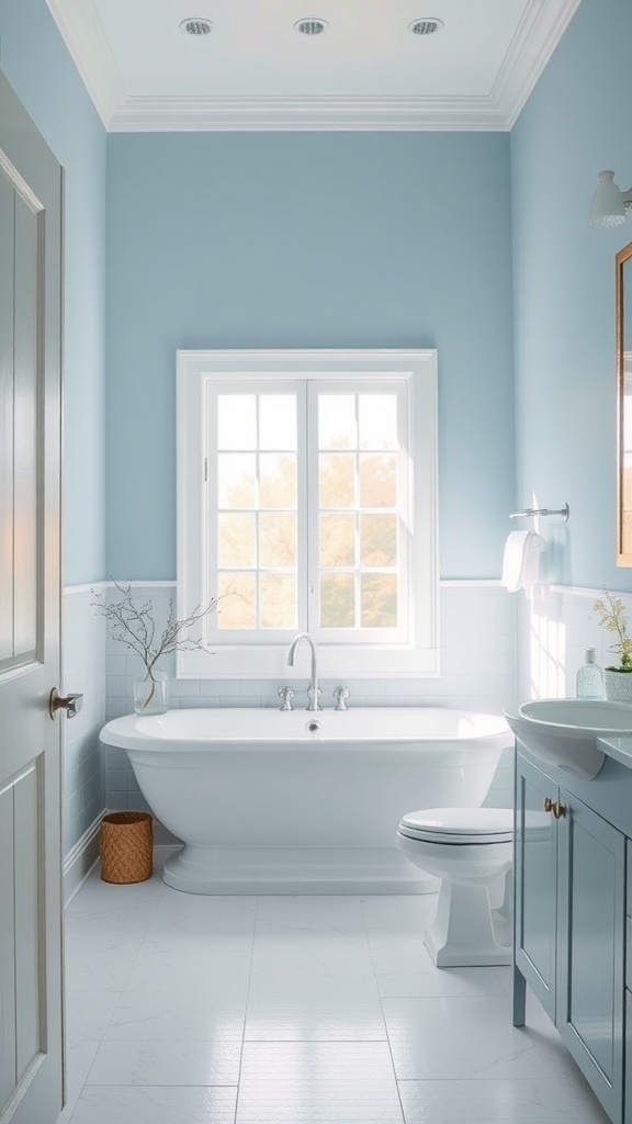 A serene master bath with sky blue walls, a white bathtub, and natural light.