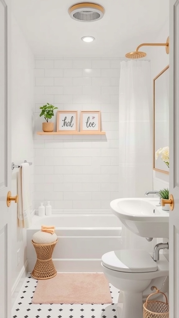 A small bathroom featuring white tiles, pastel accents, and decorative elements.
