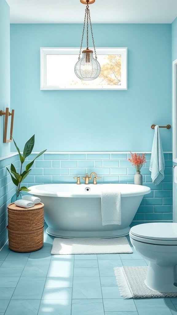 A bright and airy master bath featuring cool aqua blue walls, a white freestanding bathtub, and natural decor elements.