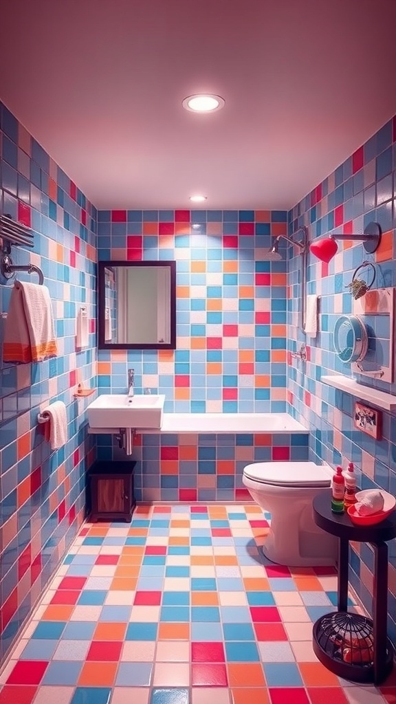 A vibrant basement bathroom featuring blue, red, and orange tiles on the walls and floor.