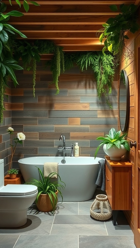 A nature-inspired basement bathroom featuring plants, wooden accents, and earthy tiles.