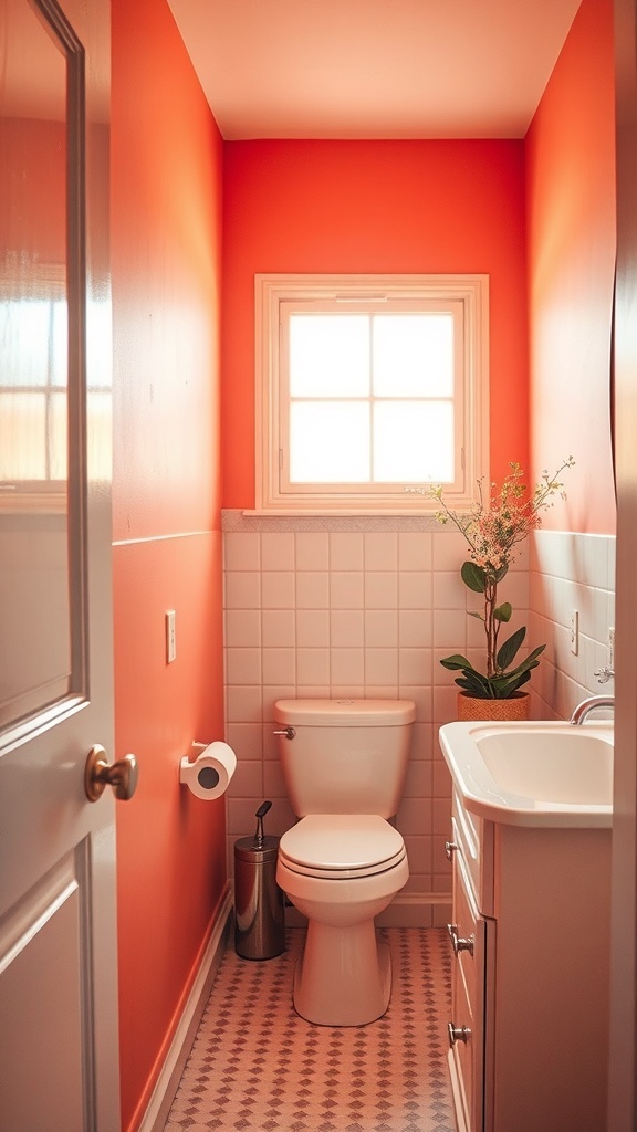 A small bathroom with vibrant orange walls, white tiles, and a touch of greenery.
