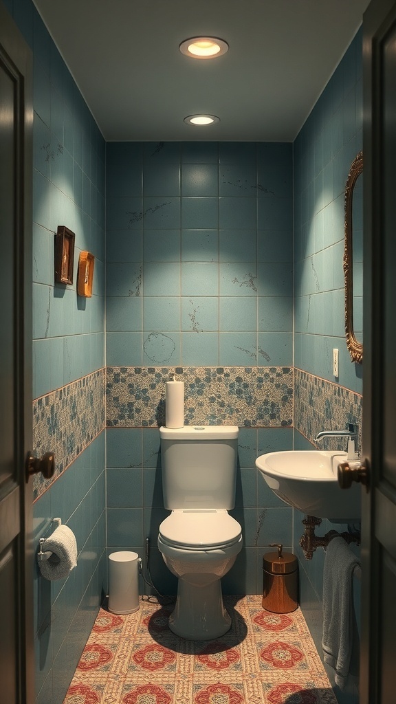 A small basement bathroom featuring blue tiles, patterned flooring, and artistic wall decor.