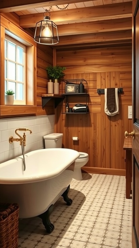 A cozy basement bathroom featuring wooden walls, a freestanding bathtub, and warm lighting.