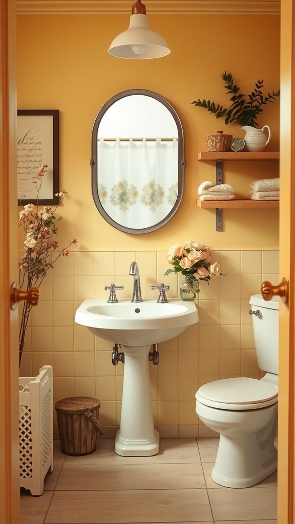 A vintage bathroom with soft yellow walls, a pedestal sink, round mirror, and wooden shelves with decorative items.