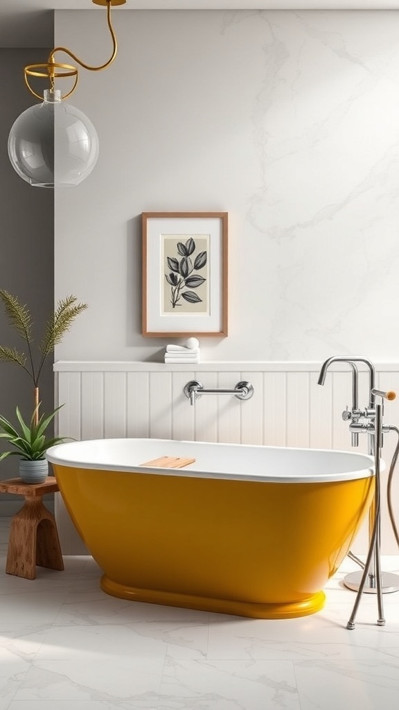 A bright yellow bathtub in a modern bathroom with a minimalist design.