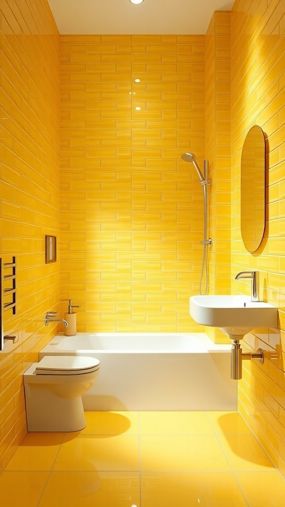 Modern bathroom with bright yellow tiles on walls and floor, featuring a white bathtub, sink, and round mirror.