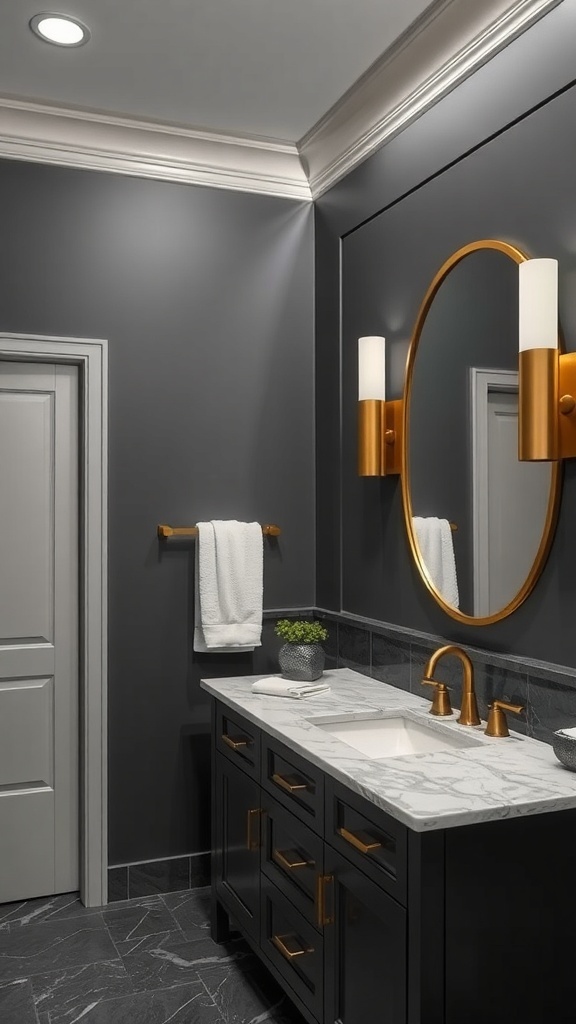 A modern master bath featuring charcoal gray walls, white marble countertop, and gold fixtures.