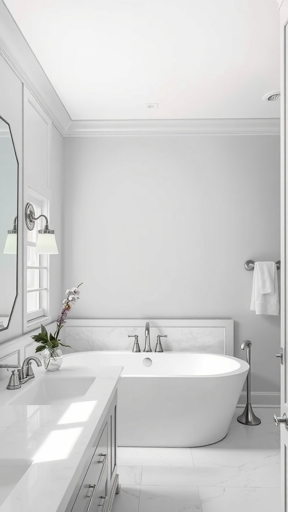 A serene master bath with light gray walls, a freestanding tub, and elegant fixtures.