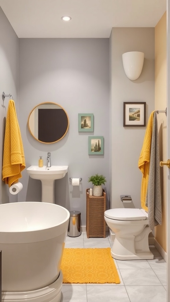 A modern bathroom featuring a yellow and gray color scheme with towels, a rug, and decorative elements.