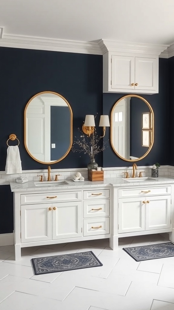 A master bath featuring classic navy blue walls, white cabinetry, and gold accents.