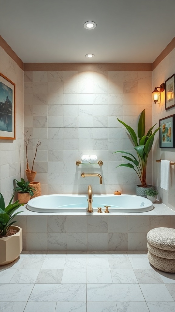 A serene basement bathroom featuring a luxurious bathtub, soft lighting, and decorative plants.