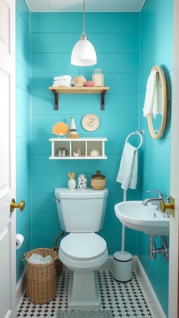 Small bathroom with vibrant turquoise walls and white fixtures, featuring wooden shelves with decorative items.