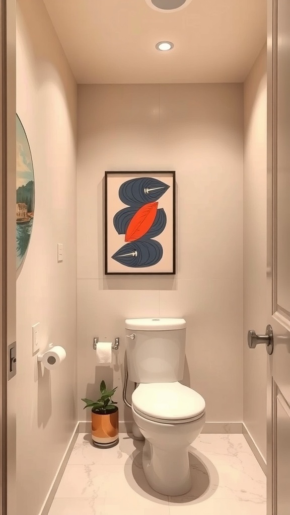 A small bathroom featuring subtle beige walls, a bold piece of artwork, and a potted plant.