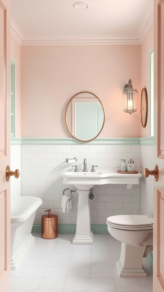 Small bathroom with soft pink walls, mint green accents, white fixtures, and copper details.