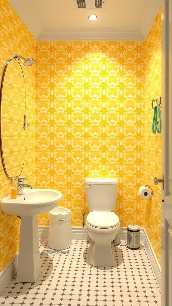 A small bathroom featuring bold yellow floral wallpaper, a white sink, and a toilet.