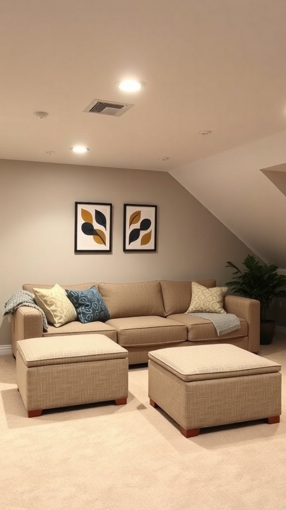 Cozy basement with multi-functional furniture including a sectional sofa and ottomans.