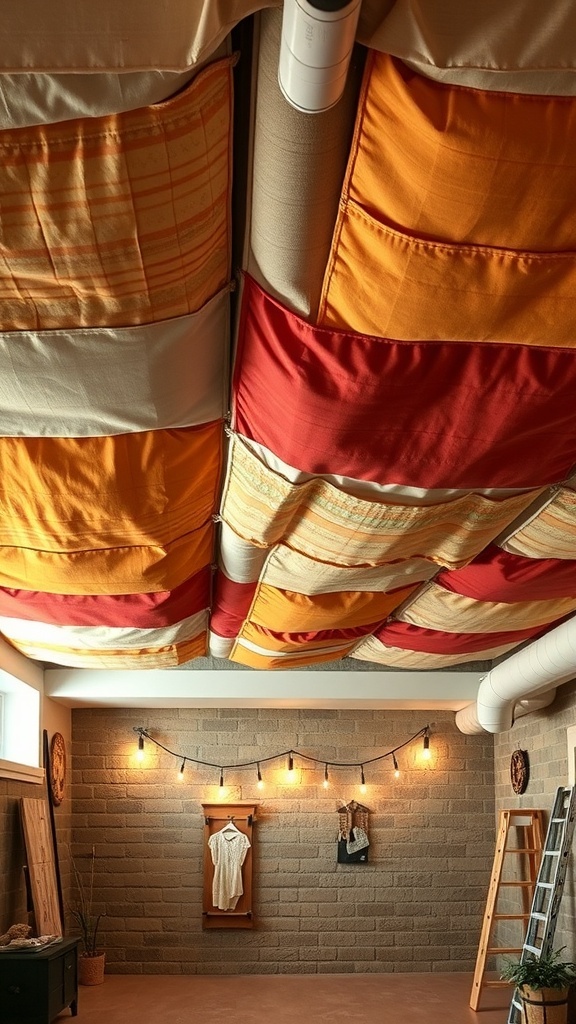 Colorful fabric panels covering a basement ceiling