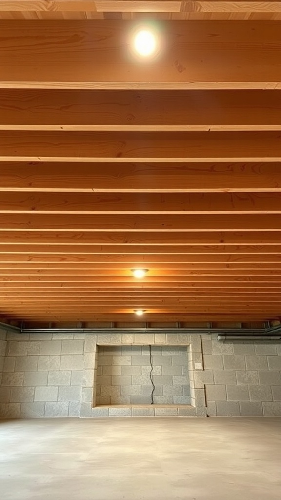 Wooden slats on a basement ceiling with lights