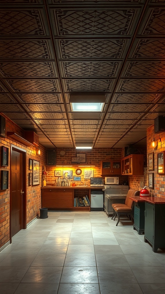A basement with a vintage appeal featuring a tin tile ceiling and exposed brick walls.