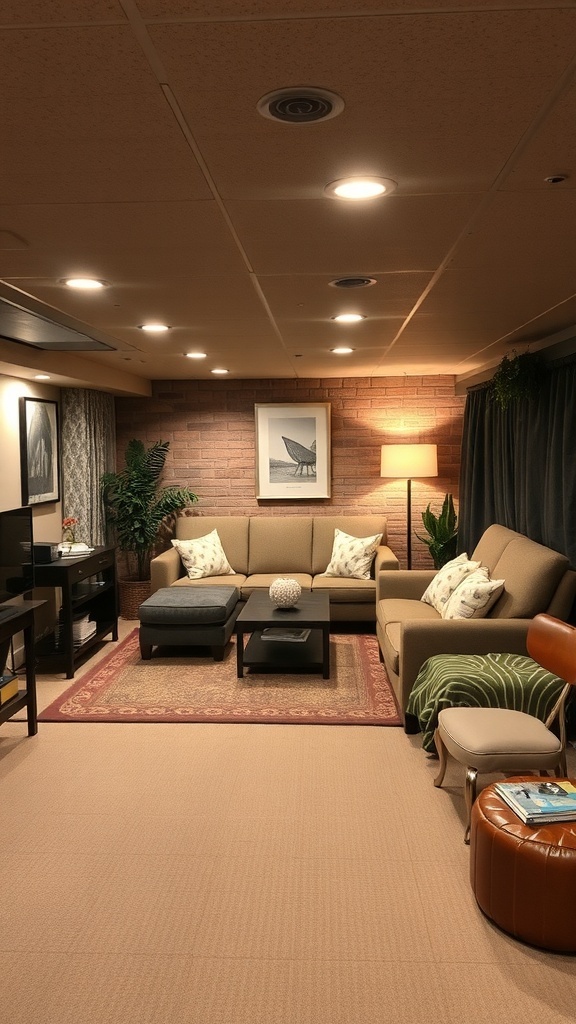 Cozy basement family room with comfortable seating, warm lighting, and decorative elements.