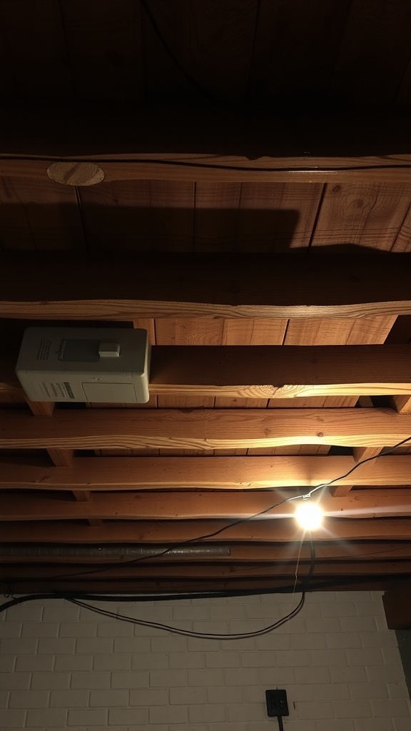 Exposed wooden beams in a basement ceiling with a light fixture