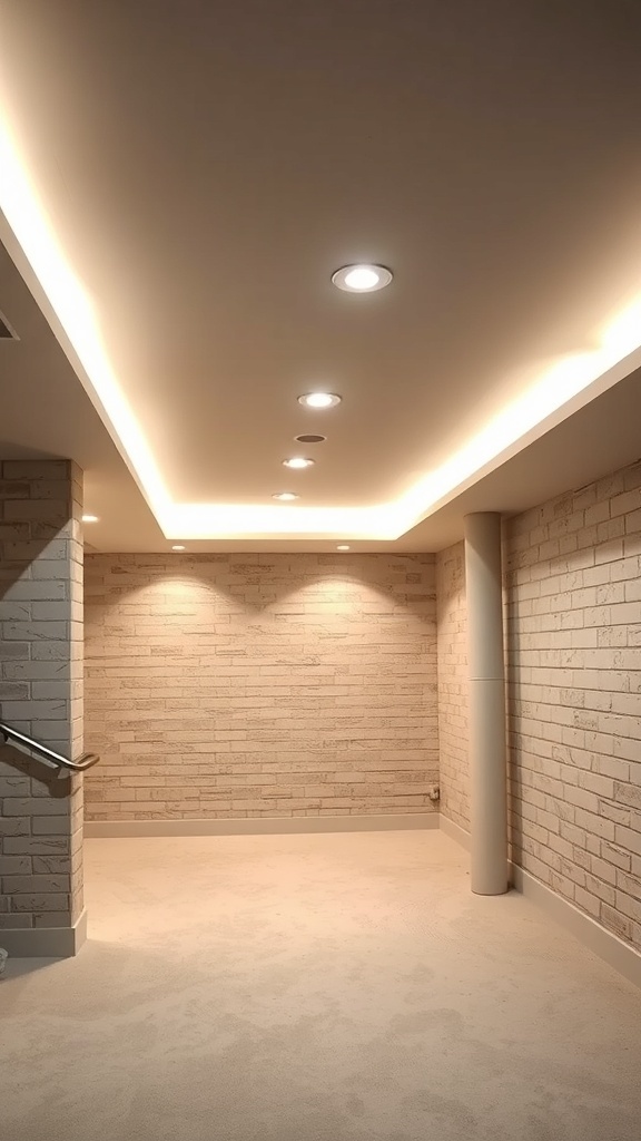 A basement with cove lighting illuminating the ceiling and textured walls.