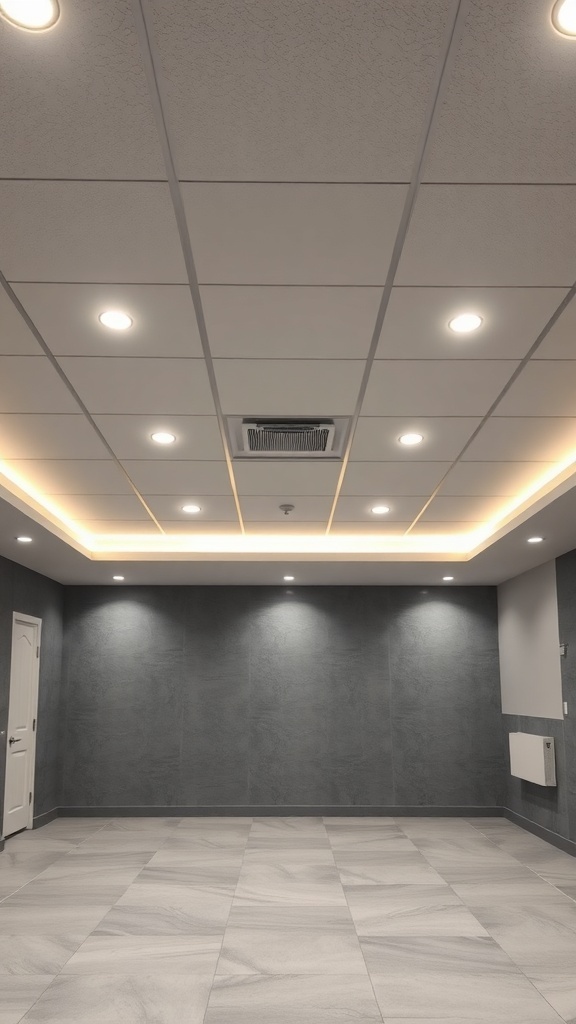 A modern basement with sleek drop ceiling panels and recessed lighting.