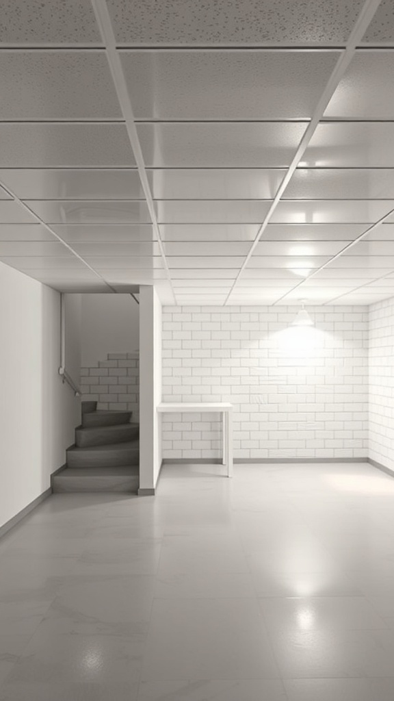 A modern basement with a vinyl ceiling and a staircase.
