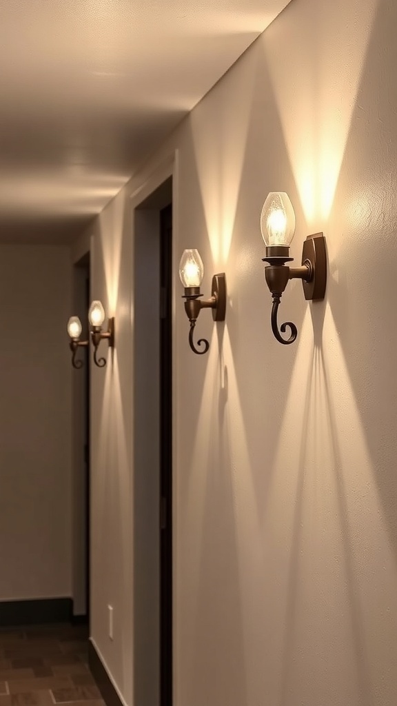 Wall sconces illuminating a hallway in a basement