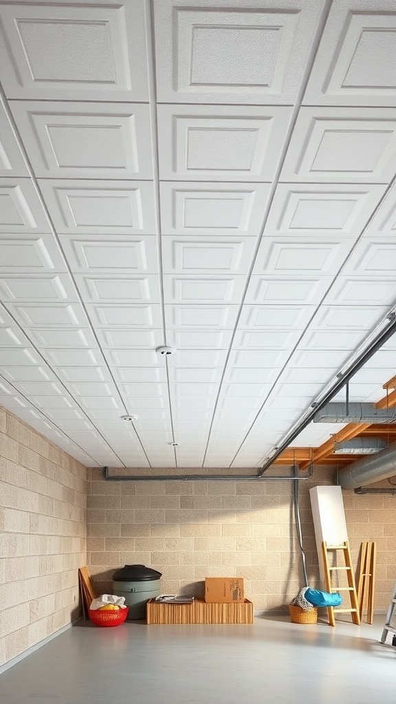 A ceiling featuring white PVC panels with a textured design in a basement setting.