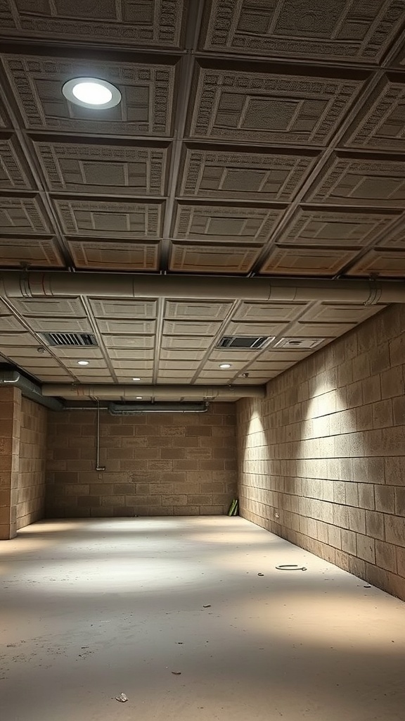 A basement ceiling featuring textured acoustic tiles and recessed lighting.