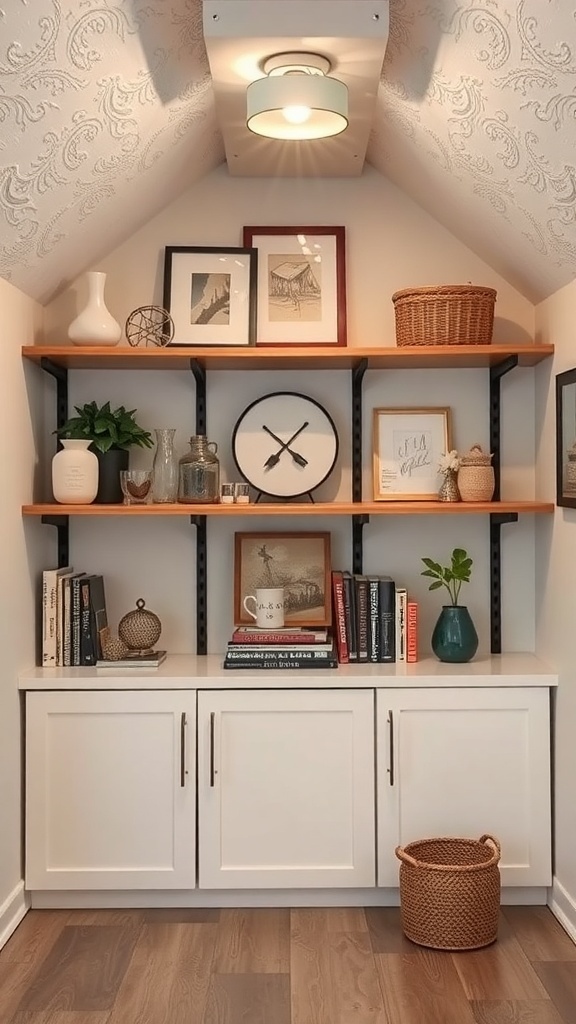Open shelving unit in a low ceiling basement with books, plants, and decorative items.