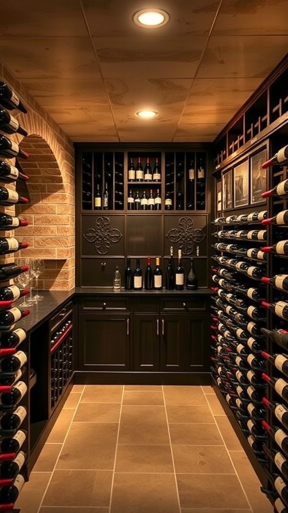 A stylish wine cellar with wooden racks filled with wine bottles, a black countertop, and warm lighting.