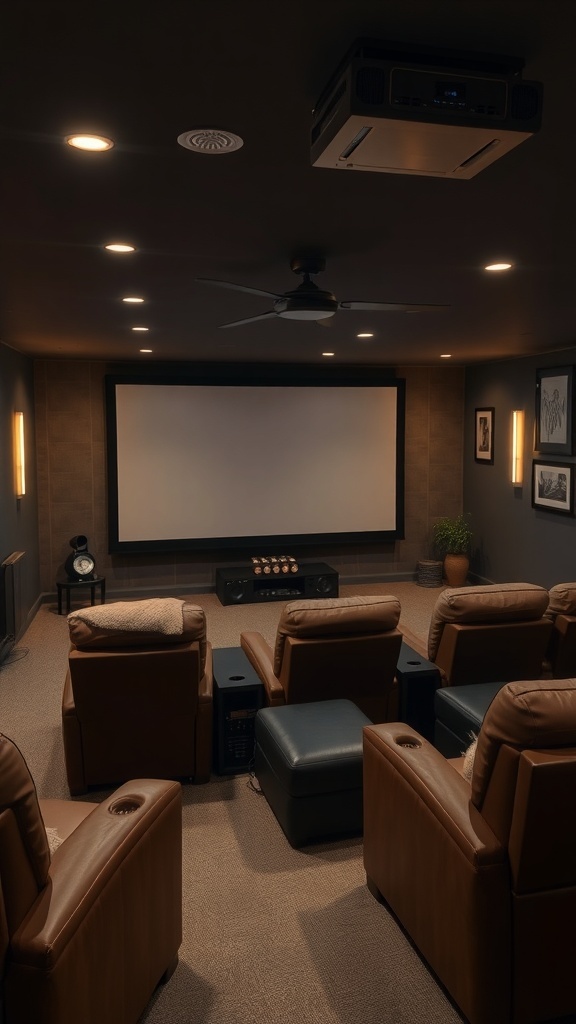 Cozy home theater setup in a basement with comfortable seating and a projector screen.
