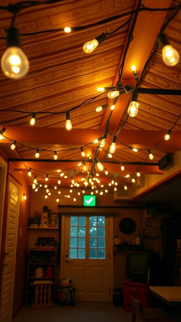 A cozy basement with string lights hanging from the ceiling, creating a warm atmosphere.