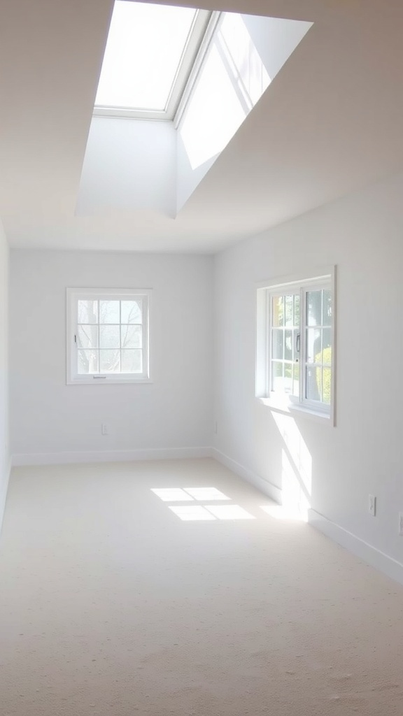 Bright basement room with large windows and a skylight