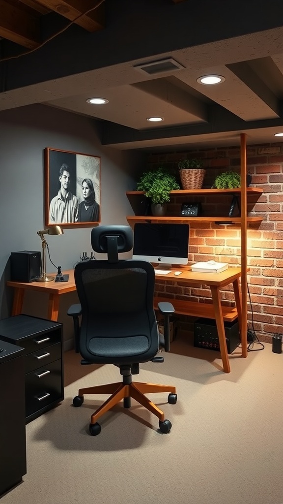A stylish home office setup in an unfinished basement with a wooden desk, a comfortable chair, plants, and framed art.