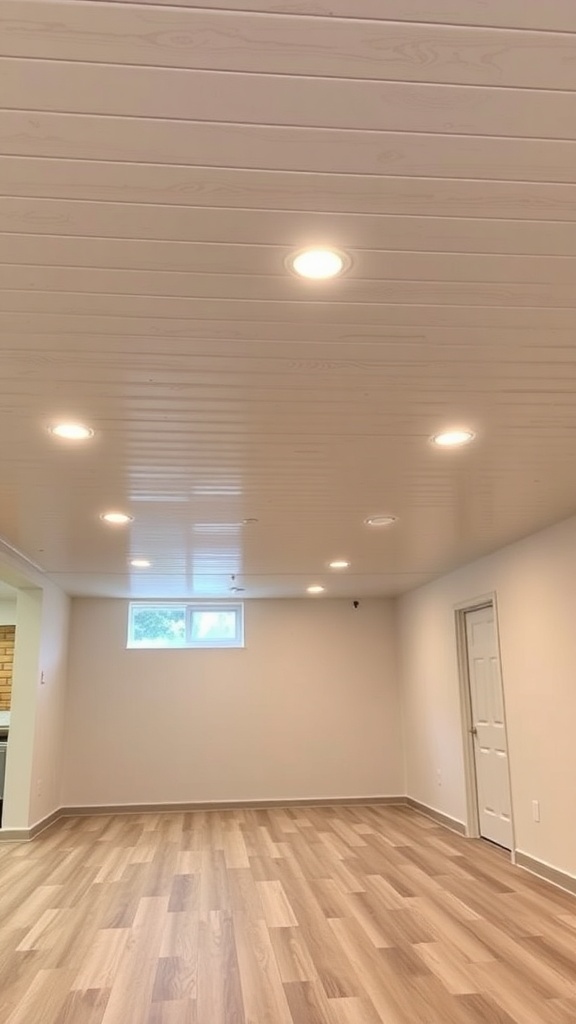 A modern basement with vinyl ceiling planks and recessed lighting.