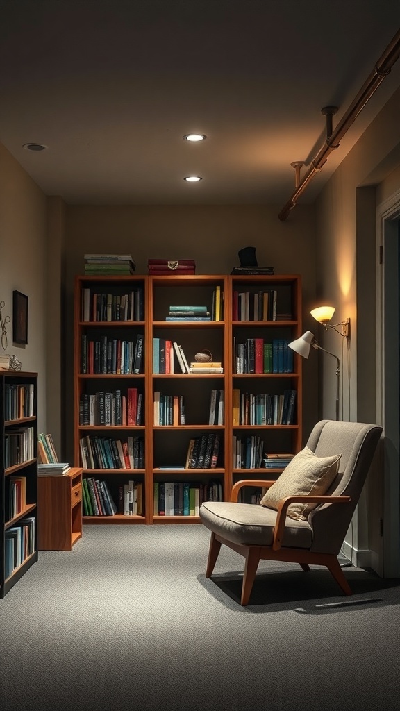 A cozy reading nook in an unfinished basement with bookshelves and a comfortable chair.