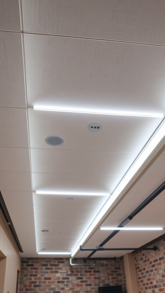 LED strip lights integrated into a modern basement ceiling