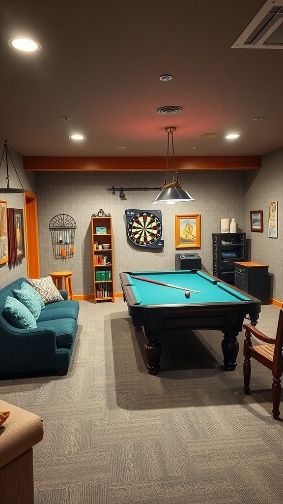 A cozy game room featuring a pool table, dartboard, and comfortable seating.