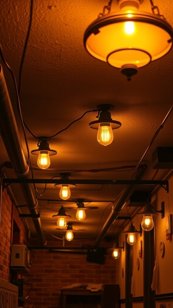 Warm lighting fixtures in a low ceiling basement